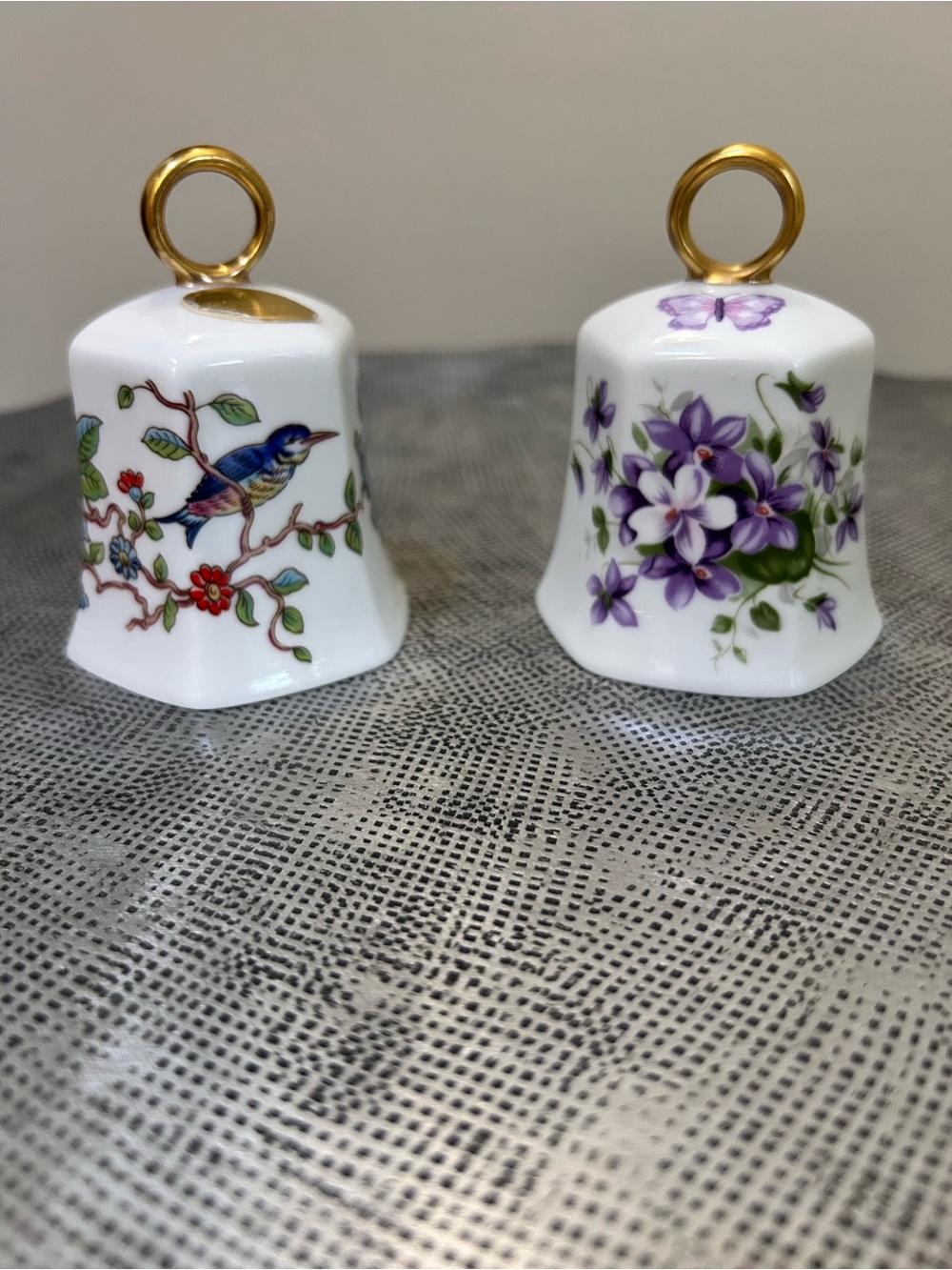 Aynsley ~ Pair of Decorative Floral, Bird, Butterfly Bone China Bells